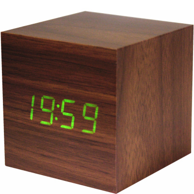 Budzik Cube Click Clock Gingko zielony wyświetlacz LED, orzech włoski GK08G8
