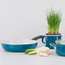 Garnki i patelnia błękitne, emalia porcelanowa Riess Aquamarin 5-części R-0558-010