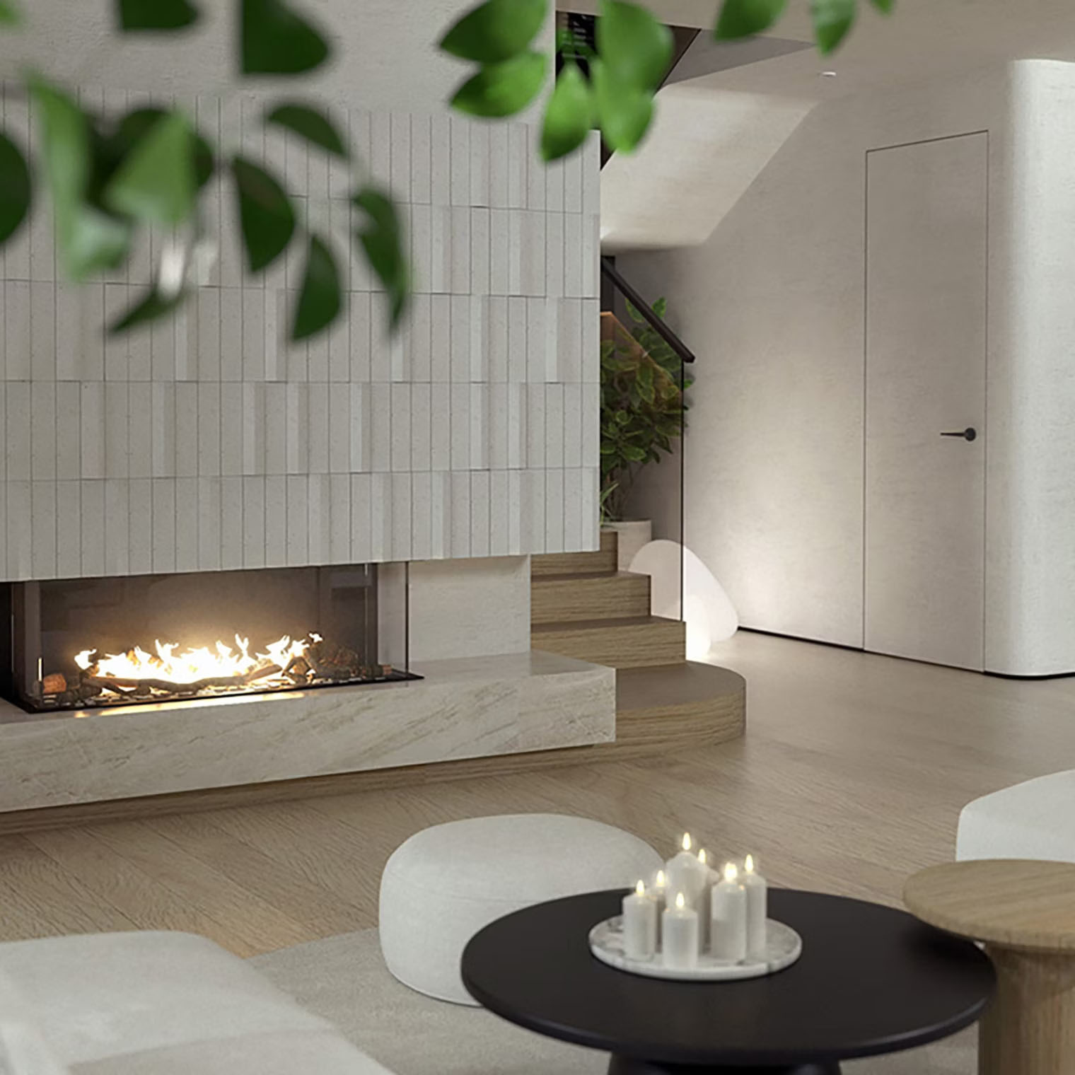 wizualizacja salonu z kominkiem, styl ciepłego minimalizmu, jasna kolorystyka, rośliny i nastrojowe światło