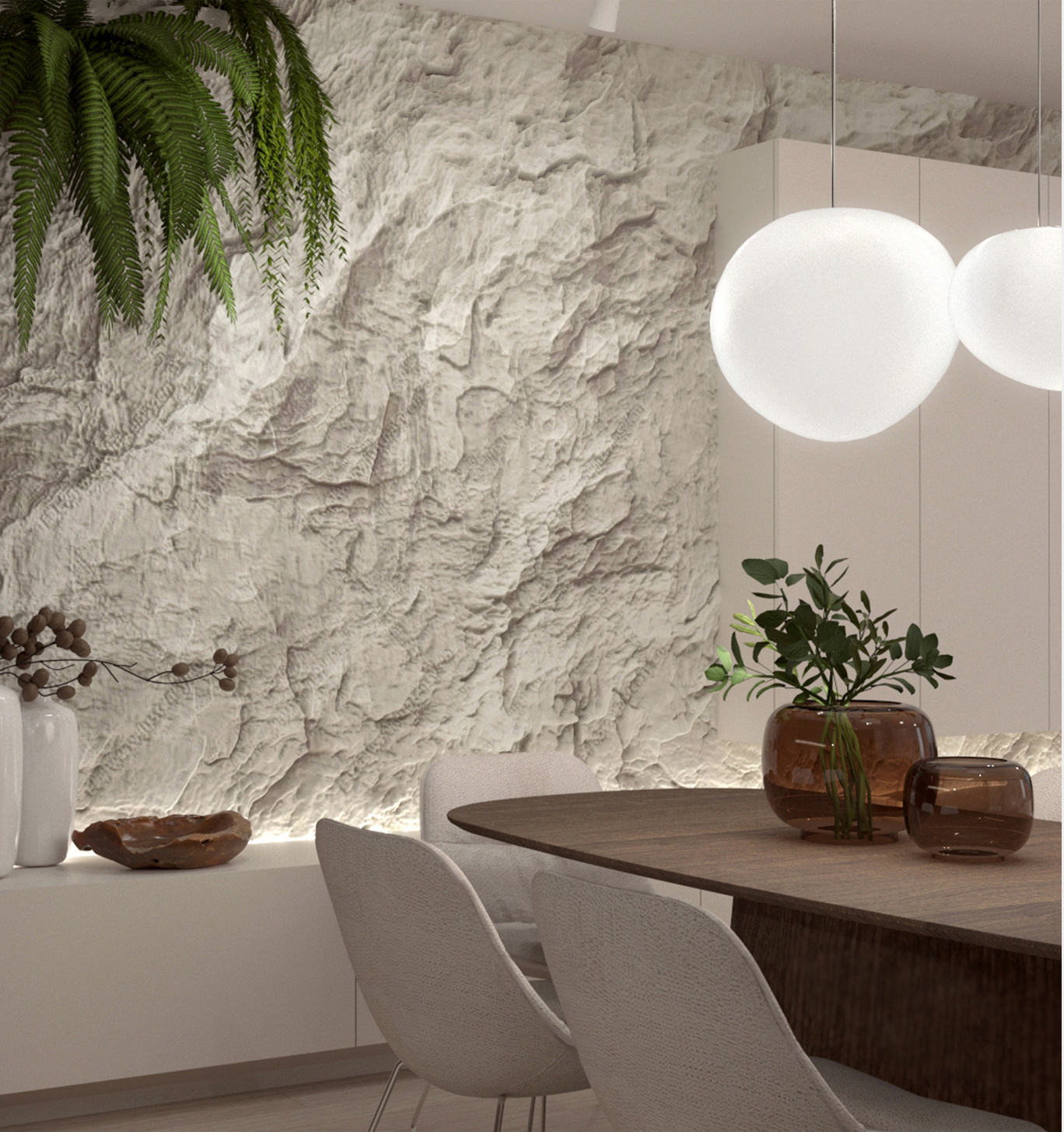 wizualizcja salonu w stylu ciepłego minimalizmu, widok na ścianę z imitacjąskały, stoł z ciemnego drewna, lampę w organicznym kształcie, projekt Estilo Design