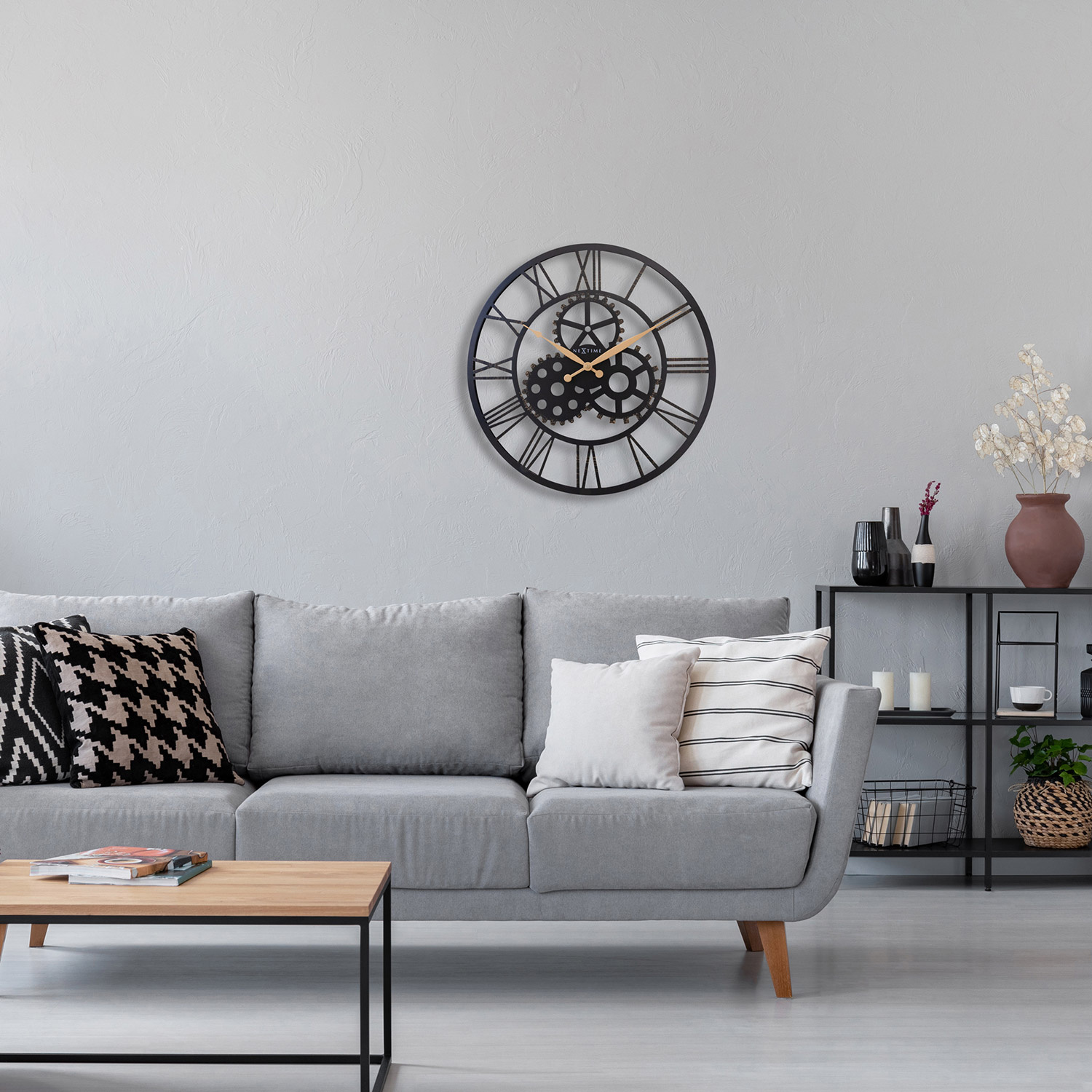 czarny zegar ścienny birmingham 50 cm nextime, loftowy zegar