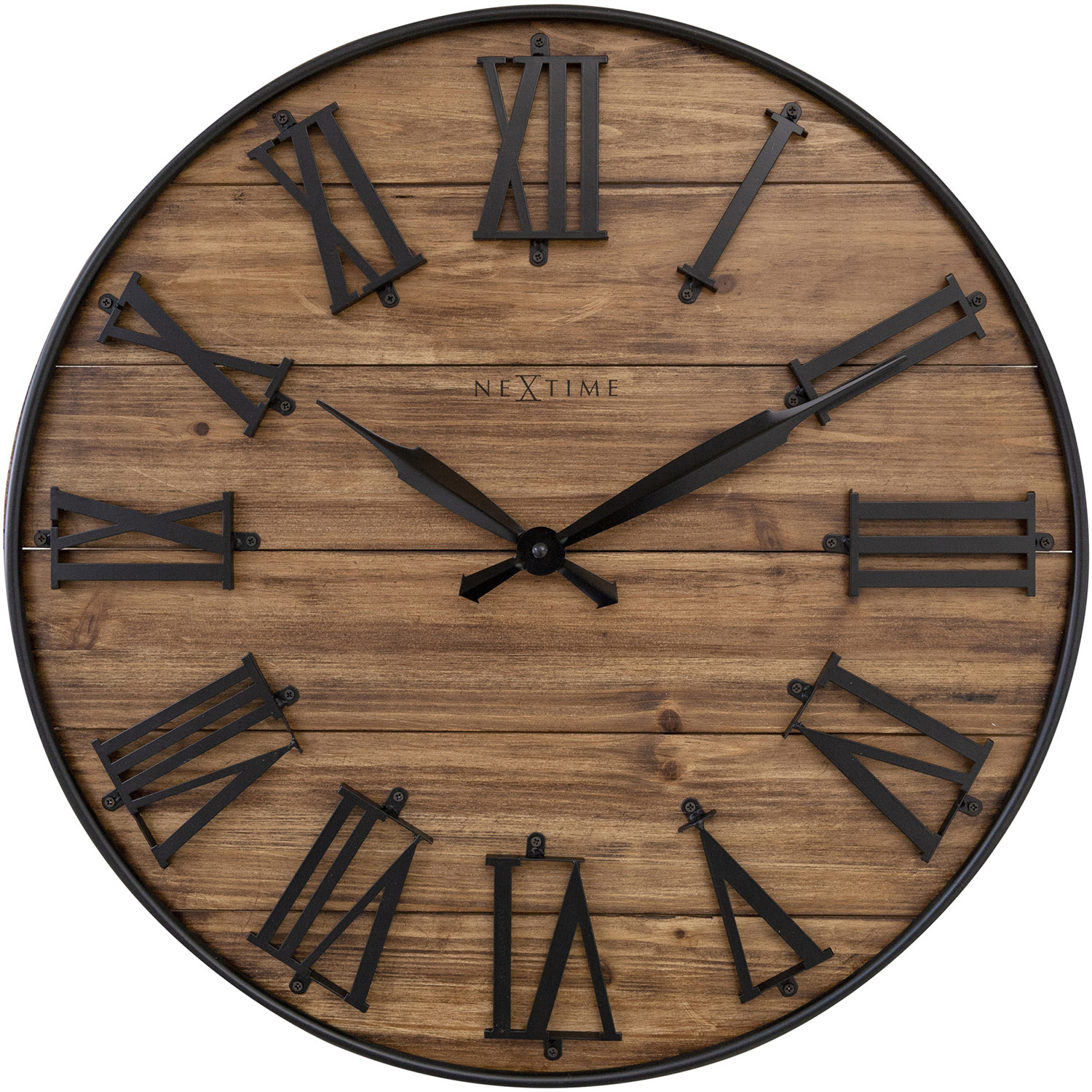 zegar scienny drewniany 50 cm-manchester-drewniany-nextime-cyfry-rzymskie-3278-br